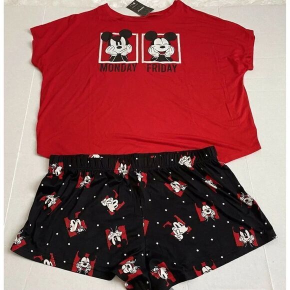 Disney Mickey Minnie Mouse Moods Shorts Pajama PJ 2 Piece Set Sz XL Red Black - Picture 1 of 10